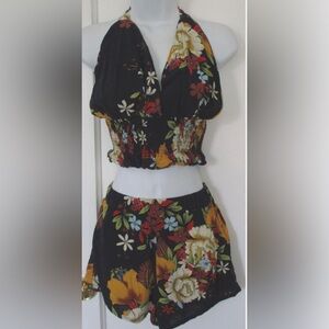 Floral Smocked Crop Top - Navy with Multicolor Floral